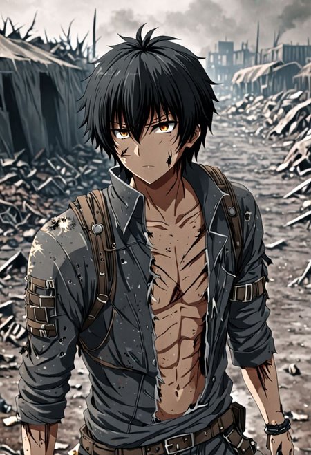 high resolution, solo, best quality, 1Boy, Seiya Kanie, black hair, short hair, thin, shallow depth of field, Post-Apocalyptic, survival, OverallDetail