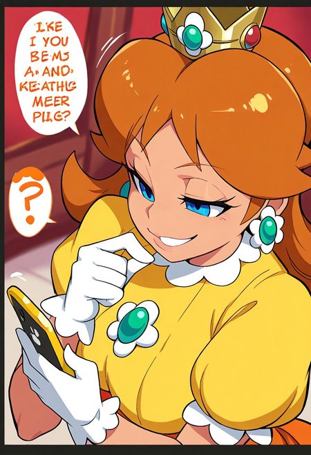 Schpicy Style, 1girl, princess daisy, blue eyes, long hair, orange hair, tan, tanned, tanned skin, dress, crown, gloves, serious, eyelids down, eyes half open, half opened eyes, perked lips, finger near lips, hand near lips, small grin, close up on face, upright, naughty, devious smile, cute pose, on phone, holding phone, Dutch angle, unique angles, looking elsewhere, indoors, medium breasts, purring, rim light, luigi, Luigi on phone call, comic, masterpiece, best quality, ray light, smooth skin, close up, red background, black hearts in background, Luigi text, Japanese Luigi dialogue, blurred, motion lines, dynamic background, Schp1cy