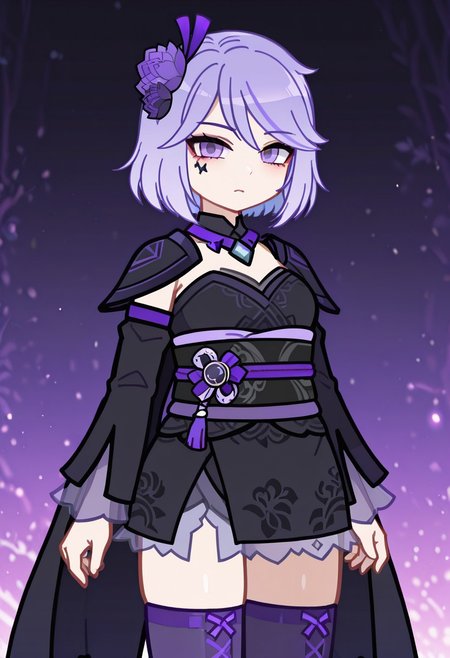 masterpiece,best quality,amazing quality, Wend4inella67, Wend4inella67Gacha, 1girl, gacha, purple eyes, purple hair, short hair,bob haircut, facial tattoo, hair flower, floral hair ornament,  black and purple japanese clothes, necklace, purple stockings, black and purple cape