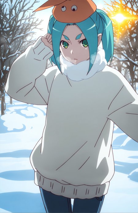 OnonokiYotsugi. 1girl, solo, aqua hair, twintails, green eyes, orange hat, ((white wool sweater, jeans)), winter, snow, sun, face focus, front view, 
