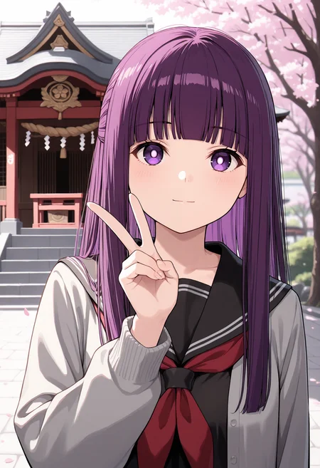 masterpiece, best quality, 1girl, solo, purple hair, long hair, blunt bangs, school uniform, black serafuku, black shirt, long sleeves, outdoors, (peace sign), hand up, upper body, purple eyes, bright pupils, cardigan, shrine, east asian architecture, tree, neckerchief, cherry blossoms, looking at viewer, blurry, blurry background, light smile, closed mouth