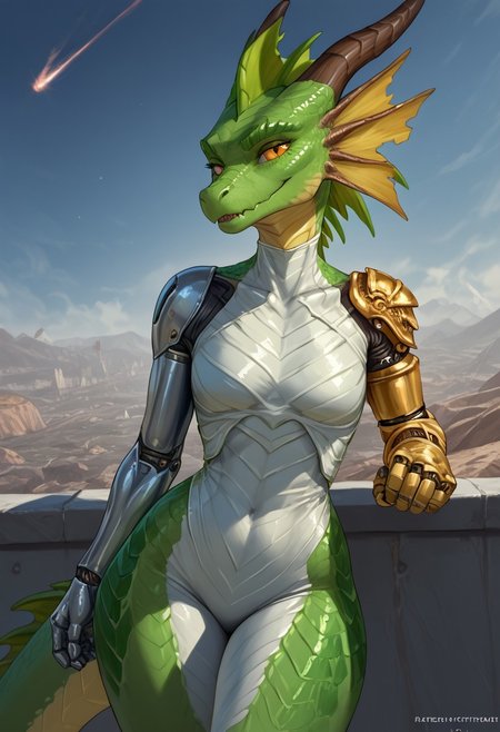 score_9, score_8_up, score_7_up, source_cartoon, SFW, ((anthropomorphic dragon)), female, source_furry, ((Oneprostethicarmright, prosthetic right forearm)):1.4, (1woman, anthro dragon), (((bright green scales, two toned green body scales, glossy scales))), purple irises, extremely detailed, large nostrils, full seductive lower lip,  extremely detailed, ((very large head fins)):1.3, (((one tall blue head spike, yellow back spikes))), detailed body scales, strong athletic body, small athletic breasts, toned arms, toned legs, long tail, feminine body, extreme detailed, thin waist, wide hips, (((silver plugsuit))), sci-fi, Parted lips, seductive expression, outside, resting against railing, sunny day, ((masterpiece)) (dynamic lighting:1.1) ((masterpiece)) godrays , (dynamic battle), (action pose) (explosions in the background), holding a Katana, very heroic, wearing purple cape on her back, space station, battlefield, white and silver plugsuit, detailed sci-fi background, extreme detailed, ( (dynamic lighting:1.1) ((masterpiece)) (dynamic lighting:1.1) ((masterpiece)) godrays, (highly detailed:1.2), (intricate:1.2), (best quality:1.2),(8k:1.2), (sharp:1.2), (majestic:1.2), natural lighting, detail++,