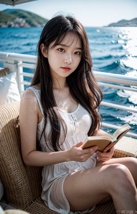 cinematic photo break. white wavy long hair,
A wonderful life, a relaxed atmosphere,Aegean Sea,sunny,a girl in love,reading books,pajama,smile,
<lora:Better_Pose:1>  <lora:fluxenhancer:1> <lora:sparklycism:1>, <lora:Tangbohu_real_style_FLUX_type_A:1>, 35mm photograph, film, (bokeh:1.3), professional, 4k, highly detailed
