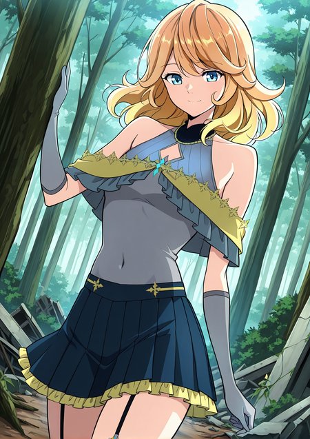 <lora:Samantha_Tempest__The_Beginning_After_the_End__Illustrious:1>
1 girl, solo, expressive eyes, bright blue eyes, short wavy hair, shoulder-length hair, gradient hair, orange to blonde hair, curled ends, side swept bangs, layered hair, small nose, light makeup, anime style, sleeveless top, asymmetrical ruffles, triangular chest cutout, short pleated skirt, navy blue skirt, yellow frilled underskirt, black thigh-high visible garter straps,, bare thighs, long gray gloves, covered navel
score_9, score_8_up, score_7_up, very aesthetic, source_anime, detailed, high quality, beautiful, masterpiece, detailed eyes, forest, tree, ruins, cowboy shot, dynamic angle, upper body, light smile, dynamic pose