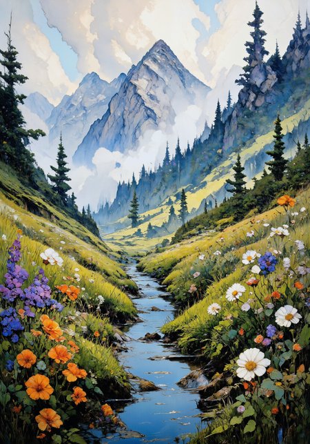 Lush alpine meadow nestled high in misty mountains, vibrant wildflowers in full bloom - purple lupines, golden poppies, white asters. Dramatic morning light pierces through swirling fog, casting long shadows. Dew-kissed grass shimmers, refracting sunbeams. A gentle stream meanders through, creating reflective pools. Craggy peaks loom in background, snow-capped summits catching first light. Delicate butterflies and bees flit between blossoms. Soft focus foreground transitions to crisp background. Photorealistic rendering, 8K resolution, masterful composition. Rich, saturated colors blend harmoniously. Sense of scale and depth emphasized by perspective. Intricate details in individual flora. Serene, awe-inspiring atmosphere captured in hyper-detailed landscape. <lora:Hand v2:0.6> <lora:Niji V2B:0.7> <lora:Liquid_Clothes_v2:0.5> <lora:Illustration_Style_IV:0.8> <lora:Comic book opus IV:0.5> <lora:flux_dev:1>