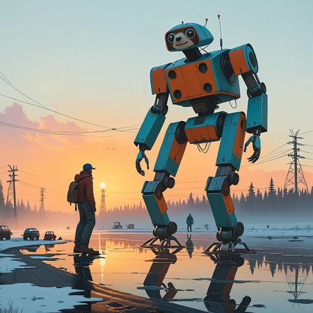 Cinematic, shot.
Dynamic view of an ancient goofy 12m tall disturbing (smiling) Sloth-shaped robot (and a man in front of it) in Simon Stalenhag's style from a futuristic era, at dusk hour with very long and realistic projected shadows, detailed frame, painting looks to be life like, on the ground, magical multicolored ink, high quality, imagination, fantasy art, vivid magical colors.
The shot takes place near an highway.
The robot is trying to cross an iced lake walking on four legs.
Many details everywhere. Ray-Tracing. Anti-Aliasing. Realistic reflections. Realistic soft shadows.
Slightly desaturated colors. 
Insane quality. Insane resolution. Insane details. Masterpiece.
16k resolution
By Simon Stalenhag.