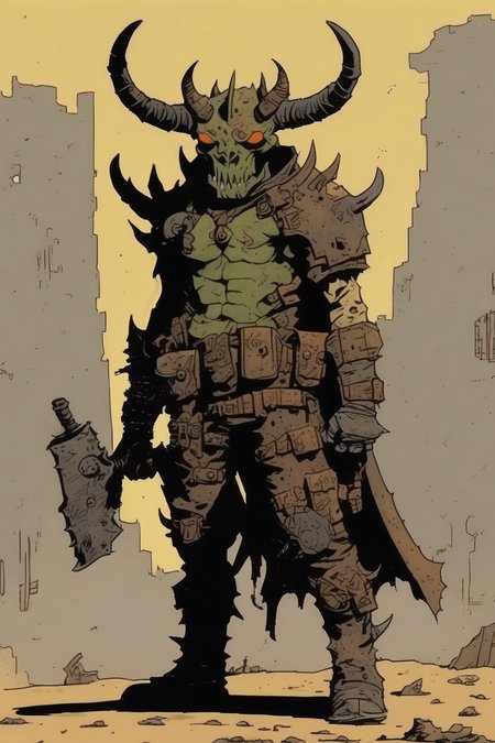 <lora:Mike Mignola Style:1>Mike Mignola Style - horned demon in post apocalyptic armor with no helmet drawn in the style of comic artist mike mignola