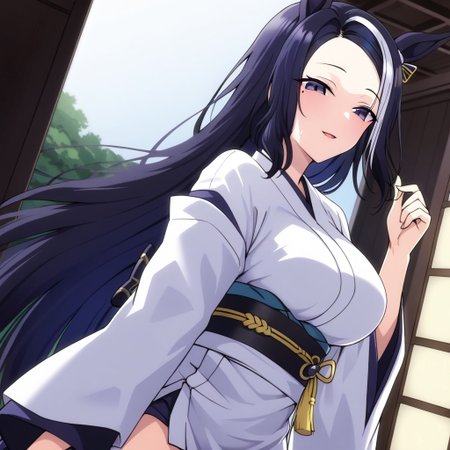 18 years old ,women,solo,1girl,nsfw,
rmnsd, horse girl, multicolored hair, streaked hair, ear ornament, mole under eye saimin.il,
saimin, tsubaki,  white clothes, white kimono, 
clothed girl, kimono,