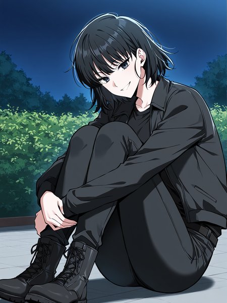 <lora:Omniscient Reader's Viewpoint _ Han Sooyoung_epoch_7:1>
1 girl, solo, short hair, messy hair, black hair, black eyes, 
black jacket, black t-shirt, black skinny pants, black combat boots, all black outfit,
score_9, score_8_up, score_7_up, very aesthetic, source_anime, detailed, high quality, beautiful, detailed eyes, masterpiece, best quality, absurdres, perfect anatomy, 1girl, solo, hugging your own legs, sitting, garden background, charming smile, night