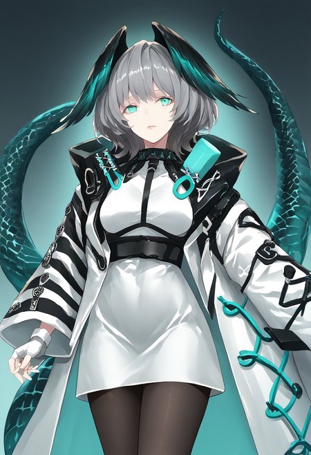 score_9, score_8_up, score_7_up, score_6_up, score_5_up, score_4_up, source_anime, 1girl, solo, 
Hoolheyak, short hair, grey hair, head wings, snake tail, aqua eyes, white dress, bodycon dress, short dress, white coat, black sleeves, white sleeves, two-tone coat, wide sleeves, belt, black collar, jewelry, fur-trimmed coat, hood down, open coat, black pantyhose, fingerless gloves, white gloves, 
masterpiece, best quality, very aesthetic, absurdres,