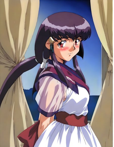 <lora:pony_xl_ayeka>,ayeka,1girl,best quality,masterpiece,super fine illustration,looking at viewer,white dress,formal_dress,dress,shiny costumes,translucent sleeves,night,strong rim light,silhouette,standing,arms_behind_back,cowboy_shot,from_side,light_blush,indoor,window_,curtains,sash,