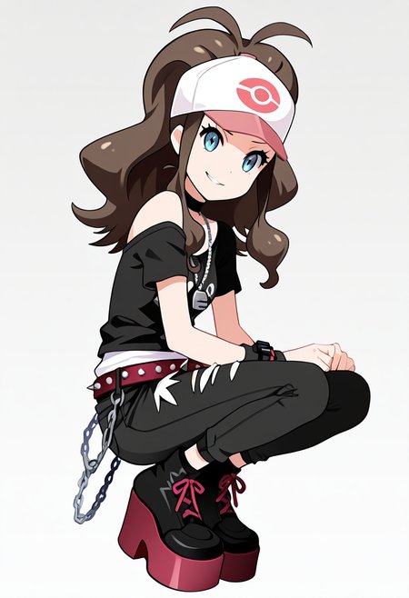 masterpiece, best quality, 1girl, solo, eyelashes, (beautiful eyes),   zzHilda, blue eyes, long hair, high ponytail, sidelocks, hat, <lora:HildaPokemonIXL_e08:1.0>, head tilt, smirk,  squatting, low angle, from side, foot focus, platform footwear,   C0utur3Cr4z3, solo, simple background, shirt, 1boy, white background, jewelry, standing, full body, male focus, boots, shoes, choker, belt, pants, necklace, off shoulder, black footwear, bracelet, black shirt, chain, black pants, t-shirt, spikes, , print shirt, fashion, studded belt,   <lora:CoutureCraze_IXL:1.0>,