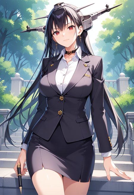 business suit, salaryman, pencil skirt, breasts,   <lora:KC_05BB_nagato_kai2_pony:0.7> red eyes, long hair, black hair,  nagato-kc, headgear, score_9,score_8_up, score_7_up, source_anime, masterpiece, best quality,  official art, official style, game cg, megami magazine, rating_safe, rating_questionable, <lora:Fixhands_anime_bdsqlsz_V1:0.75>,