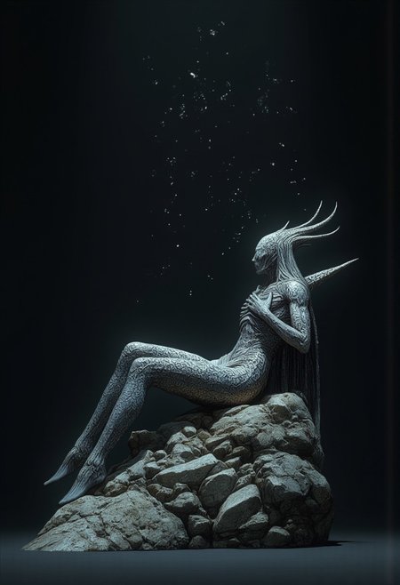 A blind oracle mermaid resting on crystal-encrusted rocks by the shore. Her scales shift colors with each prophecy she speaks, and ancient runes float in the water around her. Her white eyes reflect visions of possible futures
Set against a solid dark black color background to emphasize its unsettling unnatural form that emphasizes its silhouette. The medium is not a traditional painting or illustrative medium like watercolor or ink but rather a digital 3D rendering.
MikeFranchinastyle, d4artstyle, d4concept, , bbstyle,, horror theme,, zbrush, ZBClay model of a gray sculpture, 1990's, 1990's style