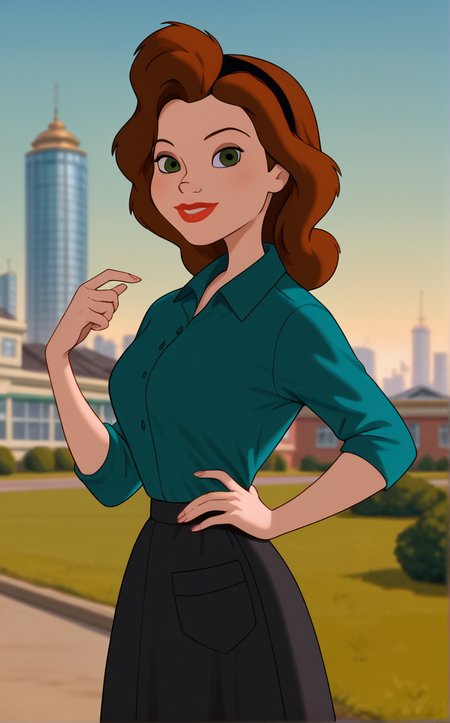 score_9, score_8_up, score_7_up, absurdres, contrapposto, hand on hip, sunset, sidelighting, cityscape, vanishing point, outdoors, depth of field, solo, looking at viewer, <lora:PONYXL_IronGiant_AnnieHughes_ownwaifu:1>, BREAK GreenShirt_AnnieHughes_ownwaifu, 1girl, aqua shirt, black hairband, black skirt, blue shirt, breasts, brown hair, collared dress, collared shirt, eyeshadow, green eyes, green shirt, lipstick, long hair, long skirt, makeup, medium breasts, nose, polo shirt, red lips, short sleeves, sleeves rolled up, <lora:add-detail-xl:0.15>,