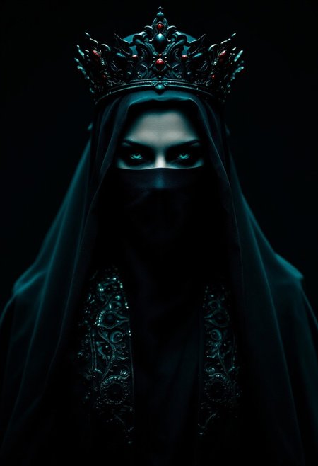 In this captivating dark fantasy portrait, a mysterious veiled queen stands proudly, exuding an aura of power and silent command. Her face, partially obscured by an enigmatic veil, is shrouded in shadow and intrigue. The queen's ornate crown, adorned with striking crimson details, contrasts against the deep teal and black color palette. The low-key lighting creates a dramatic atmosphere, with shadows adding depth to the exquisite textures of her regal attire. The background is dark and mysterious, heightening the sense of secrecy and allure. The cinematic style, achieved through a shallow depth of field and high ISO for grain, combined with a 85mm lens, captures the queen's regal presence in a realistic yet dreamlike manner., dark fantasy, cinematic