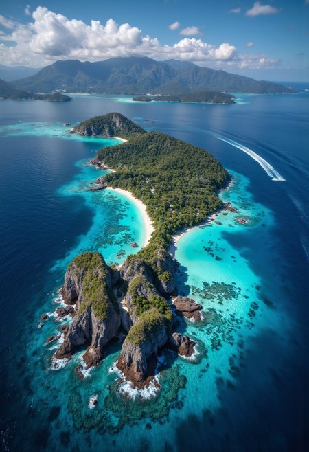 tropical island with glowing lagoons, (wide angle view:1.2), beautiful composition, super sharp, crisp, clear, true to life, raw, real, realistic, extremely high-resolution details, realism pushed to extreme, fine texture, incredibly life like, hyperrealistic detailed image, infinite focus, clear and detailed throughout