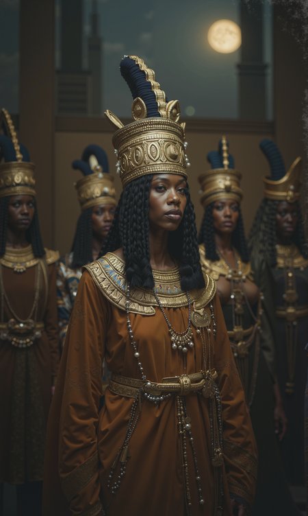 Professional photograph of a group of people dressed in ancient Egyptian attire standing in a row. The central figure is a man wearing an elaborate Egyptian god pharaoh costume, which includes a large ornate headdress with a prominent plume and a necklace. He is flanked by several others similarly dressed in elaborately detailed historical Egyptian garments. The outfits include tunics, belts, and headdresses typical of ancient Egyptian royalty and nobility.  The background is dark and somewhat abstract, with vertical lines and a gradient of colors ranging from dark blue to purple. The overall color palette of the image is muted, dominated by shades of brown, gray, and blue. The lighting seems muted, which creates a dramatic and somewhat mysterious atmosphere.  The people in the photograph stand in a straight line, facing forward, their bodies slightly tilted toward each other. The pose of the central figure is commanding, suggesting leadership or authority. The central figure's attire and headdress are particularly elaborate, suggesting a high status or royal role.  Background elements, such as vertical lines and abstract shapes, give the photograph a sense of depth and complexity, enhancing its historicity and drama. The overall composition and outfits suggest historical or fantasy scene, perhaps inspired by ancient Egyptian themes. photograph, A regal woman with crown braided hair gazes contentedly into the distance as her elegant wizard hat drapes over her head. She wears an intricate wizard hat made of delicate pearls and shimmers in her skin. Her face is set against a backdrop of misty blue skies and glittering moonlight, as she holds onto a sparkling jewelery filled with magic potion. Moon in the night, shallow depth of field, Guilty, Bloom light, Long exposure, Nikon d3300, F/1.8, Ambrotype,