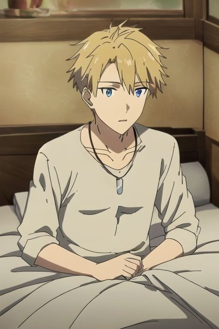high resolution, professional photography, solo, best quality, 1Boy, Yamato Ishida, Blond Hair, Deep Blue Eyes, Necklace, bedroom, dimly lit, pillow, blanket, necklace, upper body quarter, sexual stimulation, tissue, lotion, climax, masturbation, watching porn in smartphone, shirtless, OverallDetail