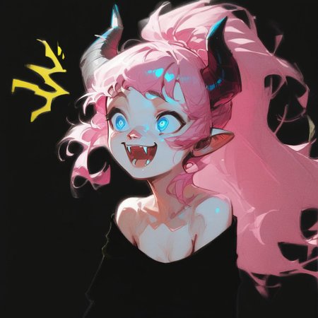 (Blend_in, black background), score_9, score_8_up, score_7_up, masterpiece, best quality, absurdres, vibrant, highly detailed, sketch, monochrome, greyscale, spot color, upper body, 1girl, Lynn Pink, blue eyes, pink hair, ponytail, tail, horns, pointy ears, fangs, (((adult))), small breasts, simple black shirt, long sleeves, off shoulder, no bra, happy, (^^, :D:1.5)