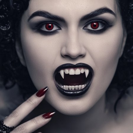 analog film photo of  <lora:perfection style:0.5> perfection style
 <lora:fang:0.8>
 <lora:brides of dracula style:0.3>
vampire fangs teeth a woman with a vampire makeup and a ring on her finger, scary, thriller, horror style, gothic movie themed, sharp, detailed, epic cinematic photography, artistic, creative, dramatic light, cinematic color style, Kodak film style, vampire fangs teeth style, vampire teeth style, vampire fangs style, 1girl, solo, looking at viewer, black hair, jewelry, purple eyes, earrings, teeth, lips, makeup, fangs, portrait, close-up, realistic, red lips, open mouth, blue eyes, blurry, lipstick, photorealistic
, faded film, desaturated, 35mm photo, grainy, vignette, vintage, Kodachrome, Lomography, stained, highly detailed, found footage