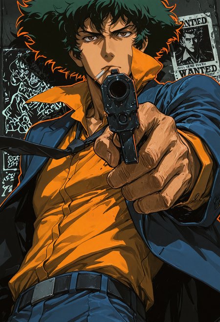 1boy, solo, spike spiegel, wild hair, messy hair, dark green hair, brown eyes, detailed eyes, serious expression, smoking, cigarette in mouth, retro futuristic clothes, cyberpunk, leisure suit, blue suit, collared shirt, yellow shirt, blue blazer, black necktie, 
pistol, holding weapon, aiming at viewer, dramatic pose, one arm raised, 
neon lighting, black lighting, orange lighting, hard shadow, high contrast, science fiction, 
graffiti on wall, wanted poster, urban background, grunge wall, neon signs,            
masterpiece, amazing quality, best quality, scenery, anime coloring