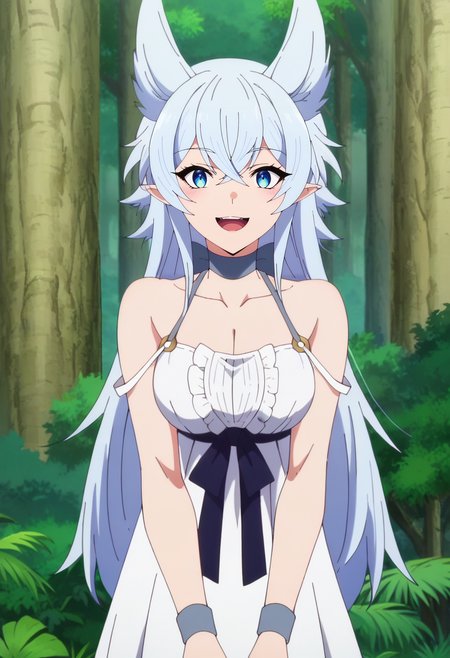 score_4, score_5, score_6, score_9, score_8_up, score_7_up, source_anime,
<lora:Lv2karaCheat_FenrysXL:0.8>, FenrysLv2,
1girl, smile, open mouth,
grey hair, very long hair, blue eyes, wolf ears, pointy ears,
choker, white dress, bare shoulders, black ribbon, cleavage, strap slip,
looking at viewer, standing, cowboy shot,
outdoors, forest,
<lora:anime_screencap:1>, fine anime screencap_xl, anime_screencap