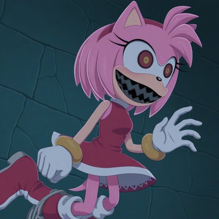 1 girl, solo, <lora:Possessed_Amy_ILL-10:1>, possessed amy, pink fur, red headband red eyes, yellow pupils, sharp diands, black teeth, big smile, creepy smile, red dress with white, red boots with white, animal tail, animal ears, animal nose, white gloves, gold bracelets, eyelashes, open eyes,