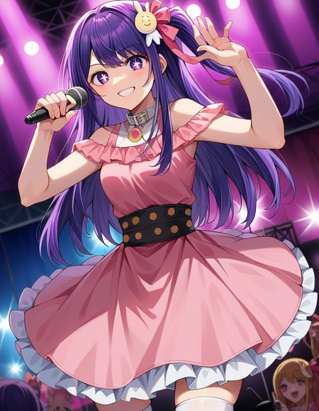 score_9, score_8_up, score_7_up, source_anime,
aihoshino, <lora:ai-hoshino-ponyxl-lora-nochekaiser:1>,
ai hoshino, long hair, bangs, purple eyes, purple hair, symbol-shaped pupils, smile,
one side up, hair ornament, hair ribbon, skirt, thighhighs, white thighhighs, zettai ryouiki, idol, dress, pink dress, sleeveless, pink skirt, frilled skirt, bare shoulders, collar, white collar,
indoors, stage, stage lights, concert, glowstick, idol, holding microphone, microphone, audience, singing, music,
looking at viewer, cowboy shot, dutch angle, dynamic pose,