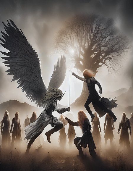 dystopian style of an angel with large menacing wings fighting against the Nephilim in front of the World Tree, (Yggdrasil at golden hour:1.2), Autumn leaves. The Nephilim have long white or (ginger hair:1.4) and wear worn leather clothing. The atmosphere is misty and smoky, adding a mystical element. The picture is in a monochromatic scheme, mainly with shades of black, white and gray.
8k UHD, RAW photo, highly detailed,  Photo realism, photorealistic, bleak, post-apocalyptic, somber, dramatic
###Inpainting###
There is a misty and smoky atmosphere around the creature, giving the picture a mystical element. The picture is in a monochromatic scheme, mainly with shades of black, white and gray.
fused hair, twisted hair
