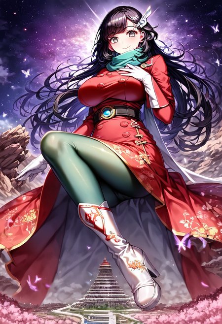 gorgeous lips, cinematic, (masterpiece), (best quality), (ultra-detailed), very aesthetic, perfect composition, intricate details, absurdres, detailed face, (anime, masterpiece, intricate:1.3), (best quality, hires textures, high detail:1.2), score_9, score_8_up, score_7_up, source_anime, 1girl, scselene, black hair, long hair, bangs, grey eyes, eyelashes, hair ornament, scarf, dress, red dress, long sleeves, buttons, gloves, white gloves, belt, pantyhose, green pantyhose, boots, white footwear, butterflies, jyojifuku, china dress, skirt, floral patterns, heels, alternate_costume, big breasts, facial expression, kind, soft eyes, head tilt, slightly smiling, closed mouth, hand on breasts, breasts covered, goddess, planet size, giantess, enormous body, growing even bigger, towering over cities, small planet, sitting on city, floating object, gradient eyes, beautiful detailed eyes, Chinatown background, Chinatown landscape, Chinatown, temples, outdoors, cherry blossom forest, small lakes, holding planet, (masterpiece:1.4), (best quality:1.4), (ultra-detailed:1.2), gl0w, glow,