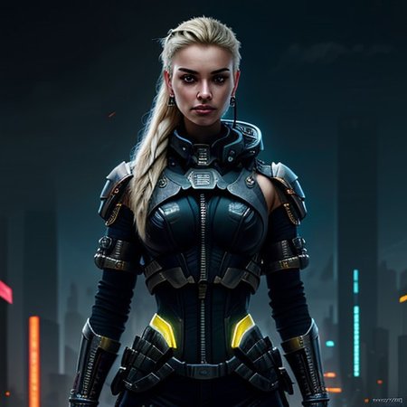 RAW photo, (masterpiece:1.3), subsurface scattering, heavy shadow, (high quality:1.4), (intricate, high detail:1.2), professional photography, HDR, High Dynamic Range, realistic, ultra realistic, photorealistic, high resolution, film photography, ambient lighting, atmospheric effects, OverallDetail:1.3,  1girl, symmetrical hair, armored shoulders, armored bodysuit, black pants, blonde hair, jacket, cyberpunk, cychar, earrings, eyelashes, hand on hip, holster, jacket, jewelry, lips, long hair, medium breasts, neon lights, metal eyes, outdoors, metal nails, ponytail science fiction, solo, tassel earrings, epiCPhoto
