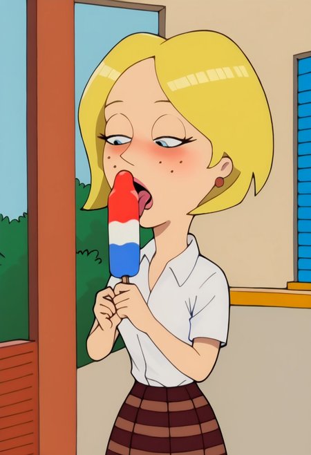 Score_9_up, score_8_up, score_7_up, Expressiveh, solo, 1girl, lcad, blonde hair, freckles, earrings, collared shirt, plaid skirt, holding popsicle, red white and blue popsicle, sucking popsicle, drooling, blushing, outside,
