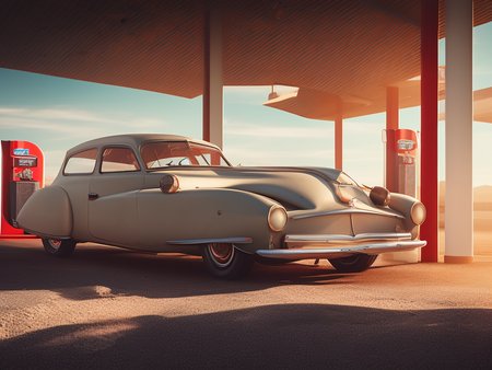 gas station with oldtimer car, retrofutur5-400, carhelper, god rays, dust particles, volumetric lighting, 10mm, perfect composition, depth of field, sharp focus, centered, photohelper midjourney Style-Winter