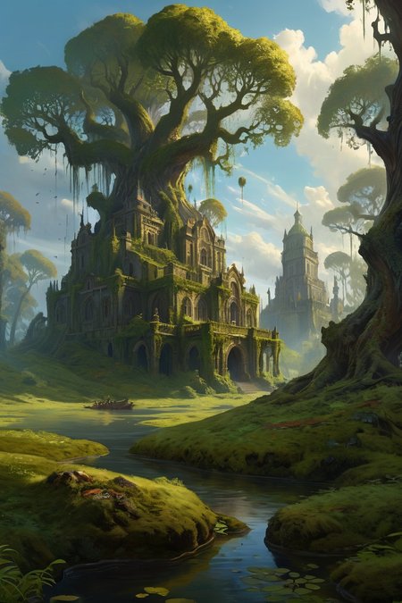 old-growth forest featuring century-old oaks, swamp-claimed citadel remains where flooded throne rooms shelter electric eel courts, their algae-covered walls vibrating with peat-preserved war cries, cinematic view, epic sky, detailed, concept art, low angle, high detail, warm lighting, volumetric, godrays, vivid, beautiful, trending on artstation, by jordan grimmer, huge scene, grass, art greg rutkowski,
 <lora:detailed_notrigger:0.7>, <lora:add-detail-xl:0.3>, oil painting art style from Renaissance period, masterful composition, Renaissance mood, renaissance oil painting, brush strokes, Baroque art style, dynamic composition, dramatic lighting, rich colors, intricate details, professional-grade execution, captures the grandeur and theatricality of the Baroque period
