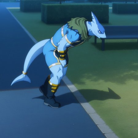 masterpiece, best quality, amazing quality, Arabaslfil, anthro, male, shark, blue skin, blue eyes,  gold trimmed blue bodysuit, gold armbands, gold trimmed dark blue bracers, gold trimmed dark blue boots, green capelet, gold tail ring, solo, park,  1boy, solo,