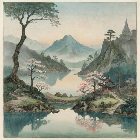 Victorian watercolor painting, Imagine a mesmerizing landscape at dawn in Japan, with tiered, mist-covered mountain ranges stretching into the distance, each layer appearing more ethereal and bluish in hue. The sky is softly transitioning from deep purples to muted blues and greys as the sun begins to rise. A serene lake lies at the base of the mountains, reflecting the misty peaks and the surrounding muted, green forest. Delicate cherry blossom trees are faintly visible, their pale petals blending into the misty backdrop. Ancient Japanese temples or shrines are subtly integrated into the landscape, shrouded by the mist. The entire scene exudes a tranquil, almost otherworldly beauty, dominated by shades of blue and grey, evoking a strong sense of peace and connection with nature, sharp, very detailed: 1.5 eroticism. rough sketch, sideview, 2d, moody, gloomy, dark picture, high contrast, stylized.