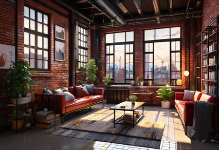 anime-style, an industrial-style interior with red brick walls and large windows, a  study, Sofa, coffee table, bookcase, single wall, 
warm light morning sun, the view of the city