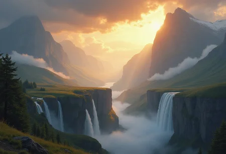 A breathtaking mountain landscape, where rolling hills and jagged peaks emerge through an endless sea of golden mist. Ethereal sunbeams pierce through dramatic storm clouds, casting a heavenly glow over the terrain. Waterfalls plunge into unseen depths, their misty trails catching iridescent colors. The composition blends Dinev’s surreal, atmospheric landscapes, Bierstadt’s grand romantic lighting, and Gurney’s rich, painterly realism, creating a scene that feels both mystical and hyper-real.