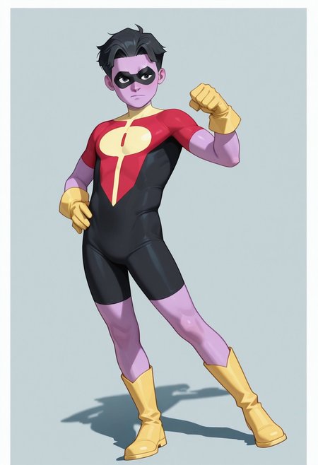 1boy, male focus, cute boy, rOliver_Grayson, Purple Skin, Colored Skin, Black Hair, Black Eyes, Domino Mask, Superhero Costume, Yellow Gloves, Yellow Boots, levitating, hans on hip, simple background, graphic border, cinematic, intricately detailed illustration, depth of field, masterpiece, best quality, amazing quality, very aesthetic, absurdres, newest, very awa, shadow, dynamic angle, casual cosplay, dynamic pose, action pose