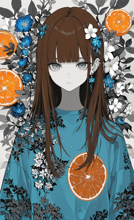 masterpiece, best quality, good quality, very awa, newest, highres, absurdres, 1girl, solo, long hair, looking at viewer, shirt, brown hair, hair ornament, closed mouth, jewelry, upper body, flower, earrings, food, blunt bangs, hair flower, grey eyes, fruit, expressionless, leaf, piercing, blue shirt, white flower, portrait, ear piercing, blue flower, print shirt, orange \(fruit\), orange slice, limited palette, <lora:illustriousXL_stabilizer_v1.23:0.3> <lora:NOOB_vp1_detailer_by_volnovik_v1:0.3> <lora:ponyv6_noobE11_2_adamW-000017:0.3> <lora:114558v4df2fsdf5:0.6> <lora:XXX667:0.4> <lora:mon_monmon2133:0.5>