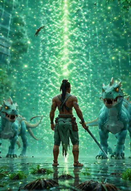 Closeup, fpv, First Person view, Holding katana, N64 Game Style, Jungle world, dinosaur, outside, Indian native warrior Standing in a row, Front View Closeup,(amazing luminous particles floating in the air:1.5)