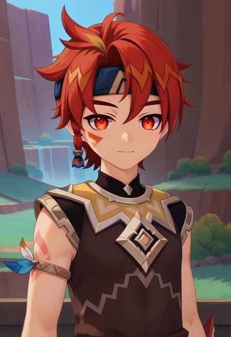 score_9, score_7_up, source_anime
mausau, 1boy, male focus, solo, red eyes, red hair, multicolored hair, streaked hair, headband, blue headband, braid, single braid, side braid, tattoo, facial tattoo, shirt, brown shirt, sleeveless, smile, closed mouth, portrait
outdoor,