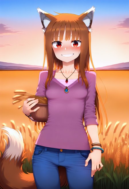 masterpiece, best quality, good quality,
holo, 1girl, solo, long hair, breasts, looking at viewer, blush, smile, shirt, brown hair, red eyes, holding, animal ears, jewelry, standing, collarbone, tail, outdoors, cowboy shot, small breasts, sky, pants, necklace, grin, bracelet, wolf ears, denim, wolf tail, jeans, wolf girl, basket, field, wheat
<lora:merratatustle_illustrious_v1_vpred:1>