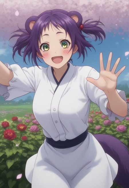 Hibari, Purple Hair, Twin Tail, Hair Accessories, Green Eyes, Big Breast, 
(nsfw), (uncensored), (score_9), score_8_up, score_7_up, source_anime, cowboy shot, dynamic pose, 1 Female, solo, happy smile joy, blush, ashamed, shy, sexy, charming, alluring, seductive, enchanting, erotic, 
((outdoors)), ((flower garden)), ((flowers)), ((many flowers)), spring petals, petals of flowers, spring, falling petals, flying butterflies,