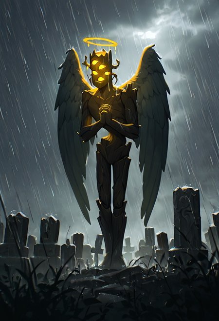 masterpiece, best quality, amazing quality, very aesthetic, absurdres, newest, cinematic, movie scene, foreground blur, 
creaking, no humans, standing, monster, glowing eyes, yellow eyes, solo, 3 eyes, yellow sclera, wooden body,
graveyard, raining, heavy rain, grey sky, tombs,, statue,  tall,  angel wings, praying hands, angel halo,