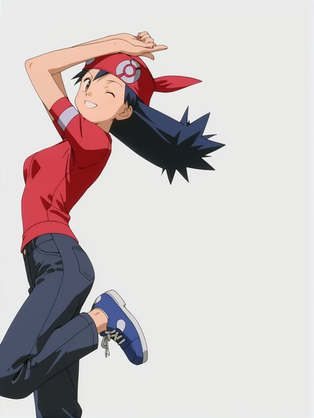 score_9, score_8_up, score_7_up, 1girl, solo, source_anime, anime_screencap, pkmLisa, red bandana, red shirt, brown eyes, <lora:pkmLisa:1>  stretching, arm above head, holding own arm, looking at viewer, smiling, breast, winks, female focus, from side, one eye closed, shoes, (((white background, simple background:1.2))),