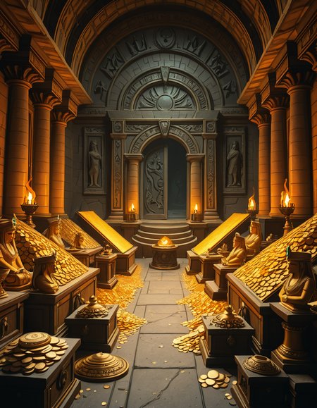 A hidden treasure chamber deep within an ancient temple, illuminated by the warm golden glow of torches and mystical blue light from enchanted crystals. The room is filled with piles of gold coins, jewel-encrusted goblets, and ancient artifacts covered in dust. Massive stone statues of forgotten deities guard the chamber, their eyes glowing faintly as if watching intruders. In the center, a grand pedestal holds a legendary artifactâan ornate golden crown encrusted with emeralds and sapphires, shimmering with an otherworldly aura. The walls are adorned with intricate carvings depicting lost civilizations, and creeping vines hint at centuries of abandonment. The atmosphere is mystical and slightly eerie, with a sense of both wonder and danger. The air is thick with the scent of aged parchment and burning incense, adding to the chamberâs ancient and mysterious feel. Cinematic lighting with dramatic shadows enhances the depth and richness of the scene, creating a visually stunning and immersive environment.
<lora:SDXLFaeTastic2400:0.4> <lora:extremely_detailed:0.4> extremely detailed,treasure ch4mb3r, <lora:treasure_ch4mb3r-i:1>, Masterpiece,best quality,hi res,8k,hi res,8k,award winning,(sharp focus, intricate, highly detailed),