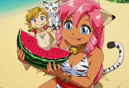 Pink_DragonPink, 1girl, sleeveless dress, white tiger print dress, pelvic curtain, cleavage, cat bell necklace, white tiger tail, red sash, small breasts, leather shoes, masterpiece, very aesthetic, <lora:pink-illustrious:1>, 
Break
1boy,Anime screencap,link (zelda),blonde hair,blue eyes,pointy ears, low ponytail, sidelocks, wearing blue hyilian tunic,
Break
Sunny day at a beach, sitting on beach, eating, comedic expression, happy expression,  closed mouth, chewing, munching, holding, holding food, eating, food in hands, Pink and Link eating watermelon