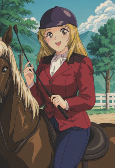 highres, best quality, masterpiece, outdoors,
1girl, solo, pixel art, 1990s \(style\), blonde hair, long hair, brown eyes,
hat, jacket, red jacket, blue pants, white shirt, formal, helmet,
looking at viewer, blush, smile,
riding, horse, riding crop, horseback riding, reins, open mouth,
<lora:_miyuki_galspanic-elesico-ilxlA:1>